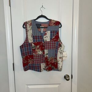 Vintage Koret City Blues Denim Vest Large Patchwork  Linen Blend